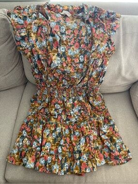 entro Floral Ruffled Mini Dress in Olive, Coral & Blue